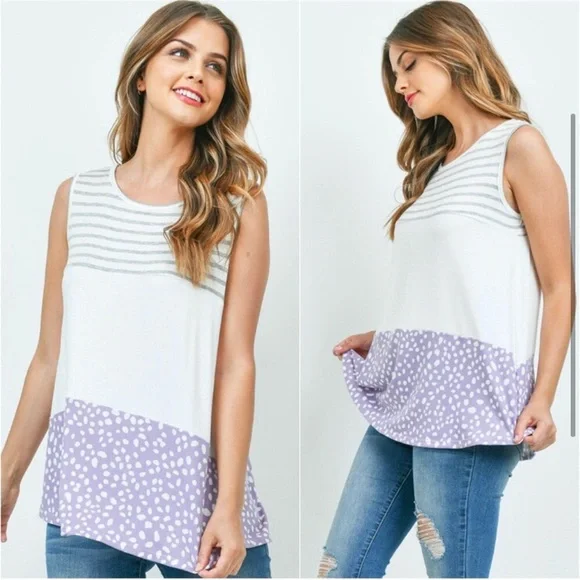 Grey ivory lavender mixed media sleeveless spring top - Picture 2 of 3
